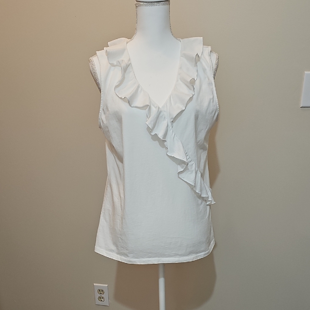 Chaps Ruffled White Sleeveless Blouse